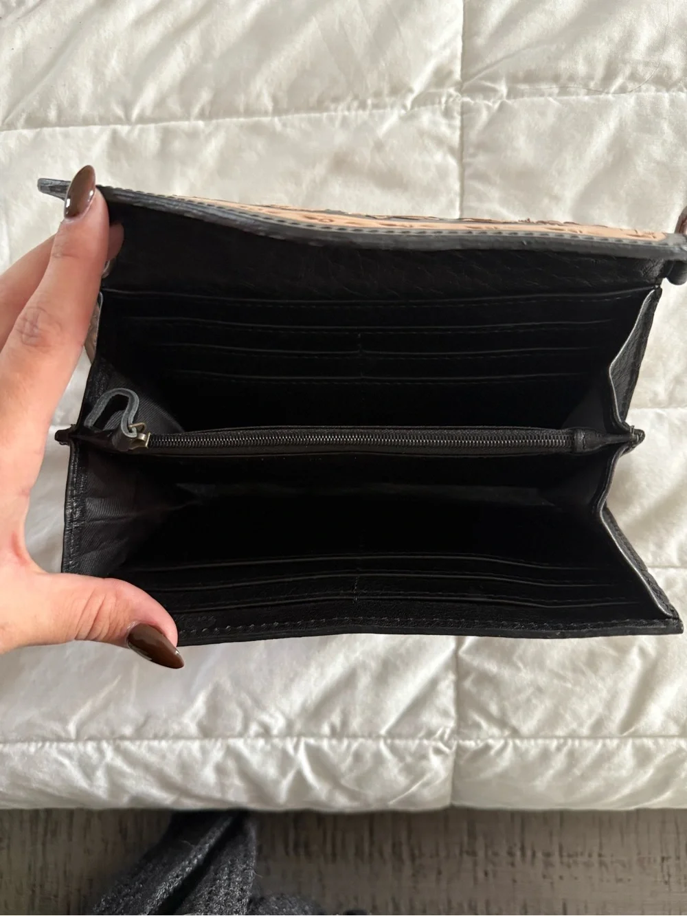 Leather Floral Embossed Foldover Wallet Clutch in Black and Tan